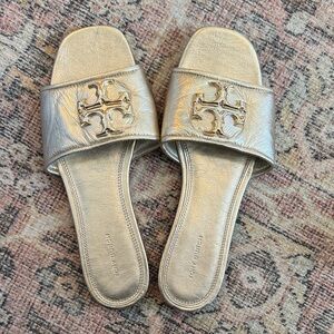 Tory Burch Metallic Gold Logo Slide Sandals